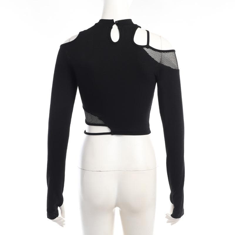 Fishnet patchwork off shoulder long sleeve gloves irregular top
