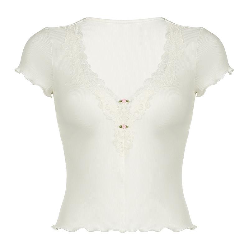 Short sleeve v neck ruffle lace hem ribbed top