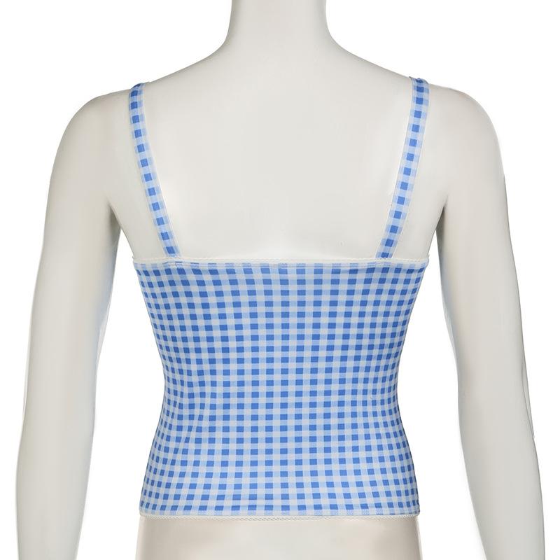 Lace hem plaid backless bowknot cami top