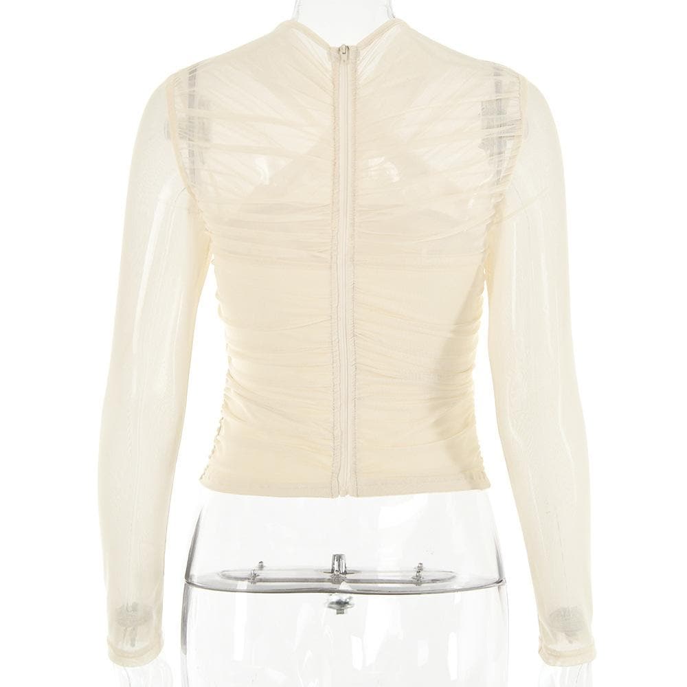 Cross front ruched mesh long sleeve solid top