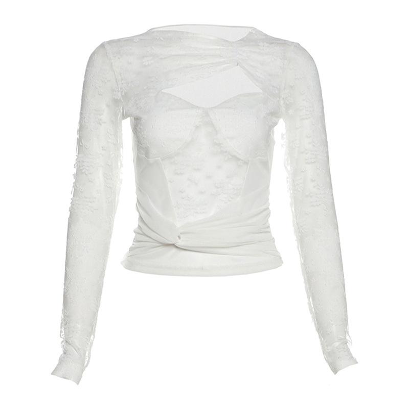 Long sleeve hollow out ruched lace top