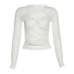 Long sleeve hollow out ruched lace top