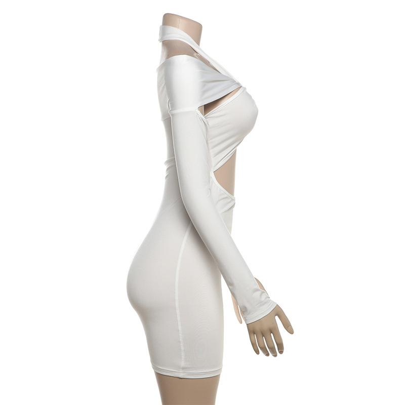 Long sleeve halter hollow out solid mini dress