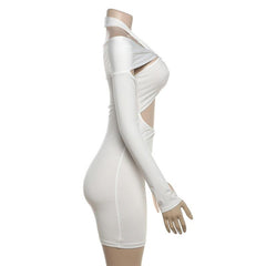 Long sleeve halter hollow out solid mini dress