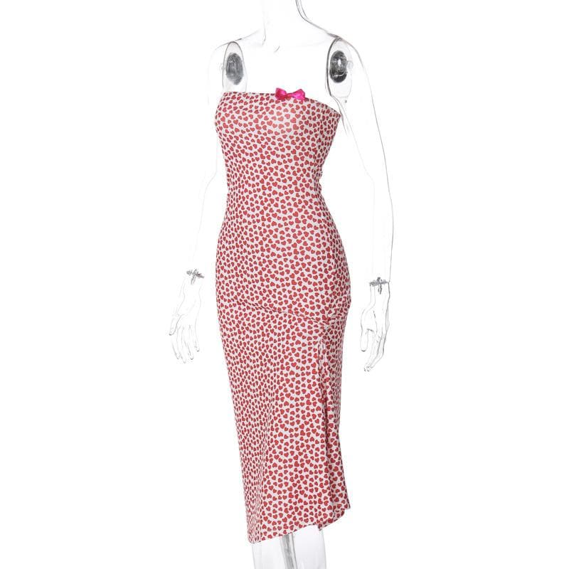 Heart print contrast slit bowknot backless tube midi dress  | red tango dress