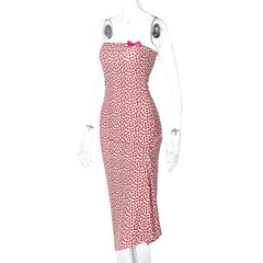 Heart print contrast slit bowknot backless tube midi dress  | red tango dress
