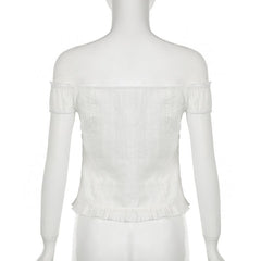 Off shoulder ruched button ruffle top