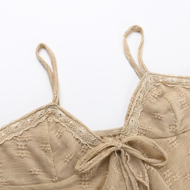 Ruffle textured v neck lace hem cami top