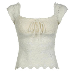 Cap sleeve square neck bowknot lace ruffle top