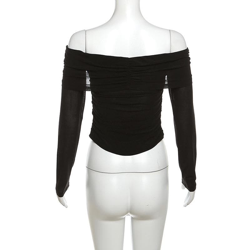 See through flower applique off shoulder ruched long sleeve top