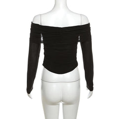See through flower applique off shoulder ruched long sleeve top