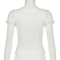 Short puff sleeve bowknot ruffle ribbed top