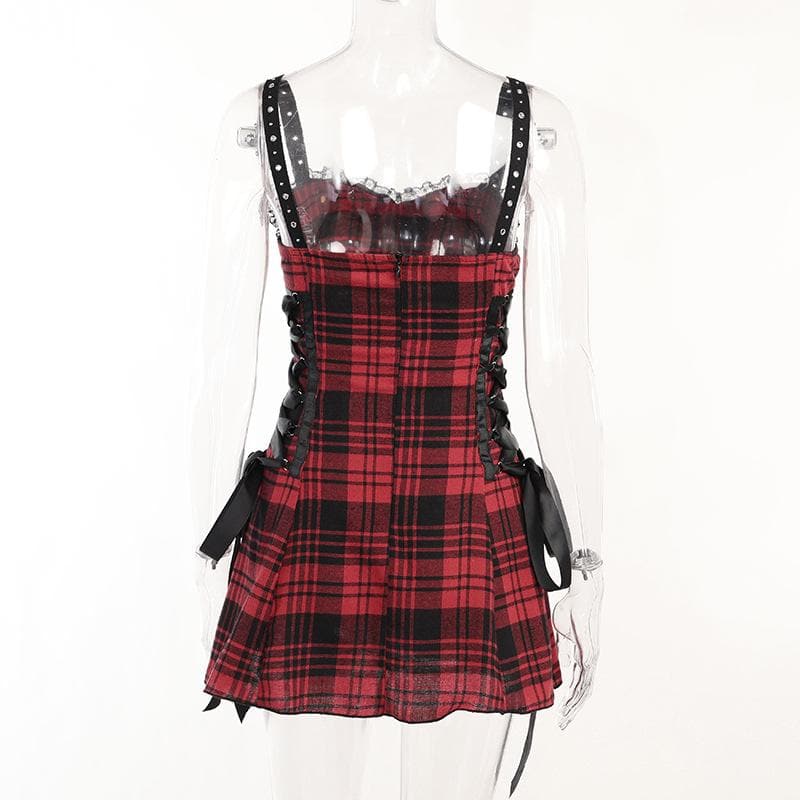 Backless ruched lace hem plaid lace up zip-up mini dress  | red tango dress