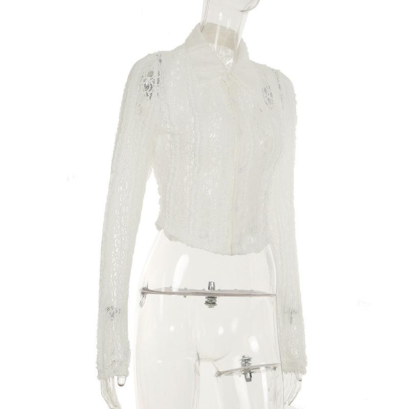 Long sleeve turnover collar lace button top