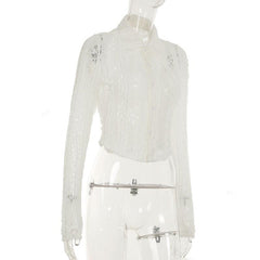 Long sleeve turnover collar lace button top