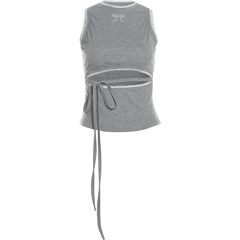 Crewneck hollow out self tie bowknot pattern top