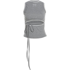 Crewneck hollow out self tie bowknot pattern top