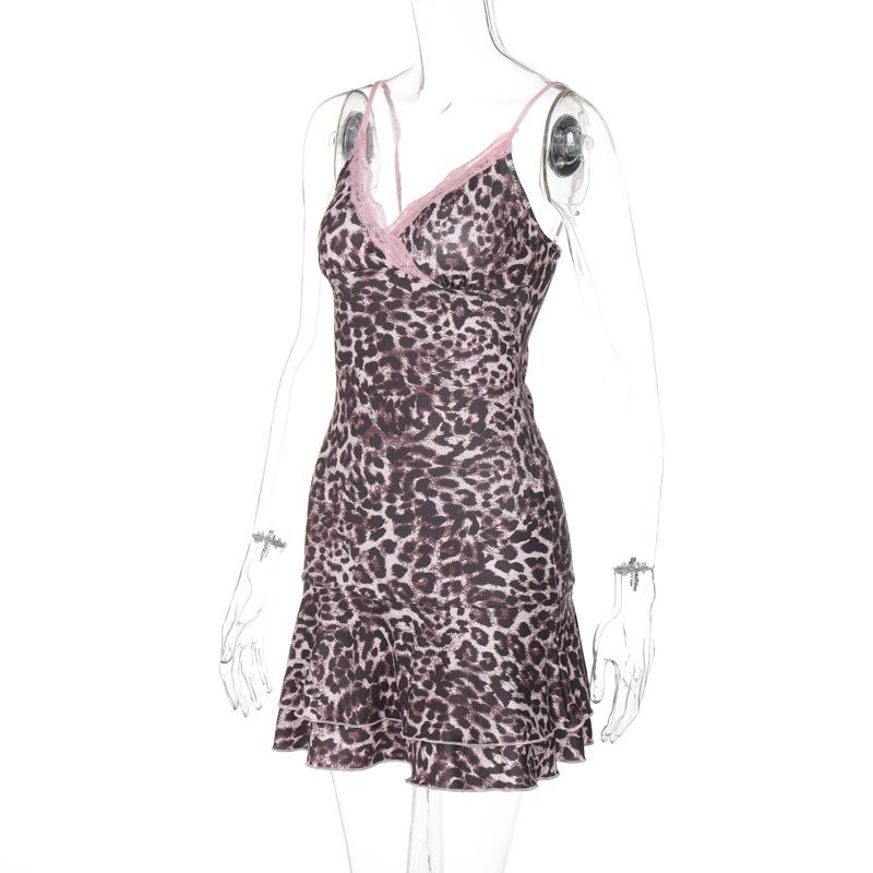 Leopard print v neck lace hem cami mini dress