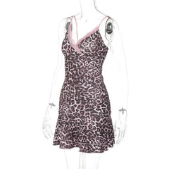 Leopard print v neck lace hem cami mini dress