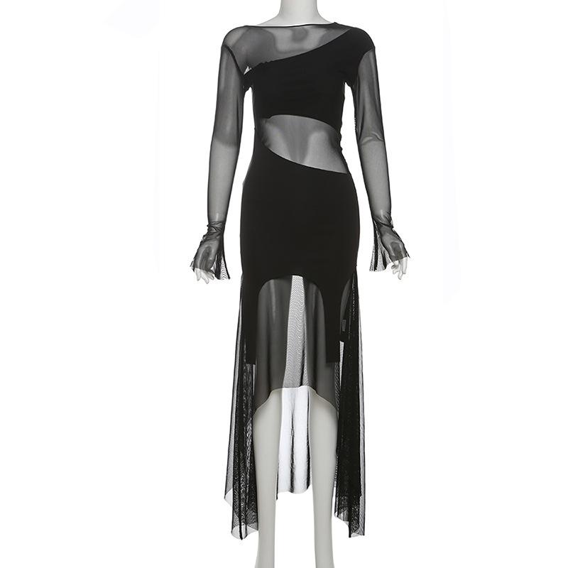 Long flared sleeve mesh maxi dress