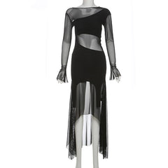 Long flared sleeve mesh maxi dress