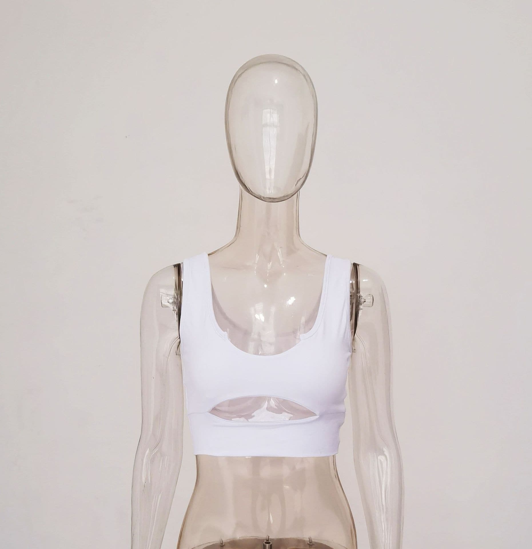 Double layered U neck low cut hollow out solid crop cut out top