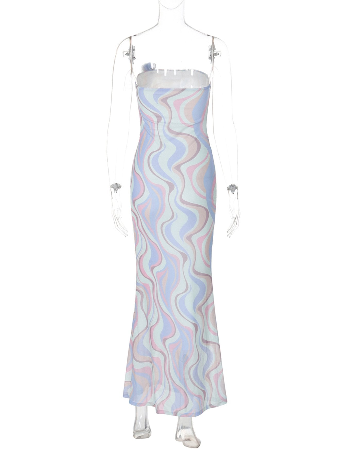 Rose applique ruched contrast mesh tube maxi dress