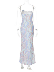 Rose applique ruched contrast mesh tube maxi dress