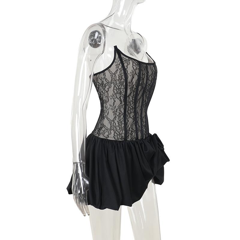 U neck corset lace patchwork tube mini dress