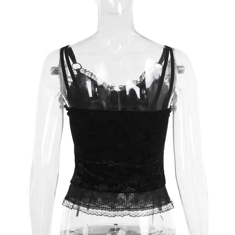 V neck lace hem zip-up ruffle lace up cami top