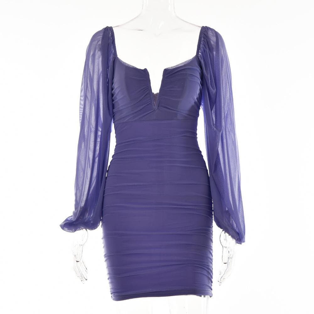 Mesh solid long sleeve ruched notch neck zip-up mini dress  | red tango dress