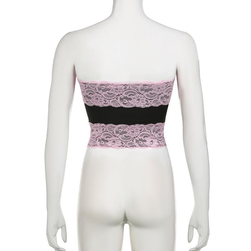 Lace patchwork contrast backless tube top