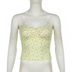 Bowknot flower print ruched ruffle cami top