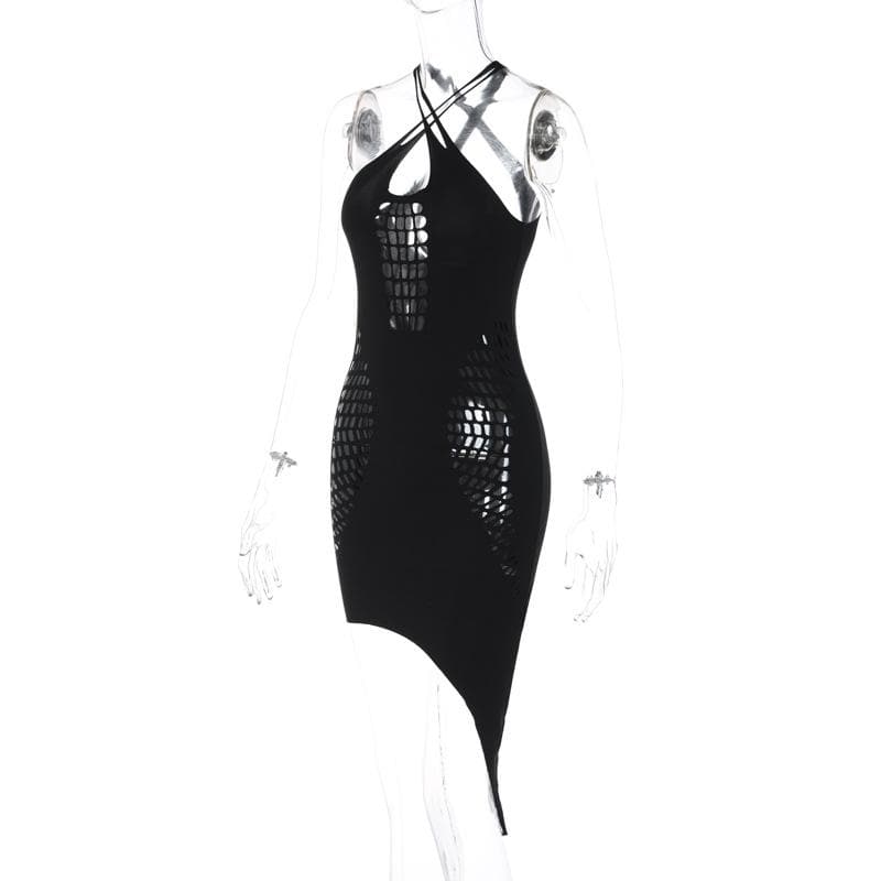 Hollow out solid irregular cross front backless mini dress  | black rave dress  | black rave dress