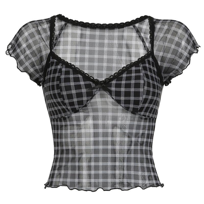Short sleeve plaid lace hem bowknot mesh top