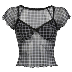 Short sleeve plaid lace hem bowknot mesh top