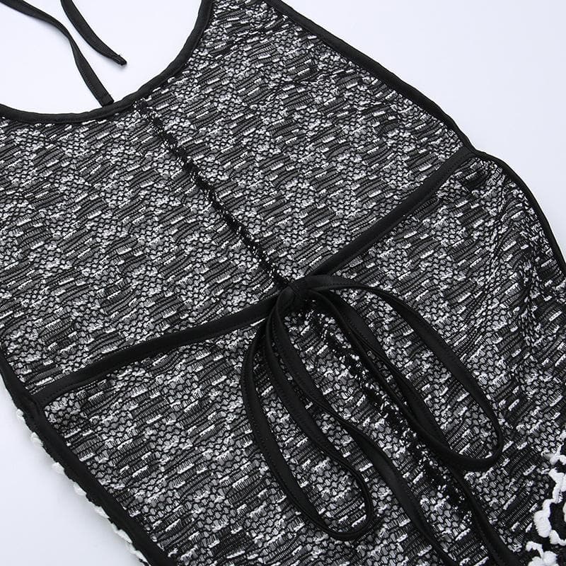 Textured see through halter self tie contrast backless romper