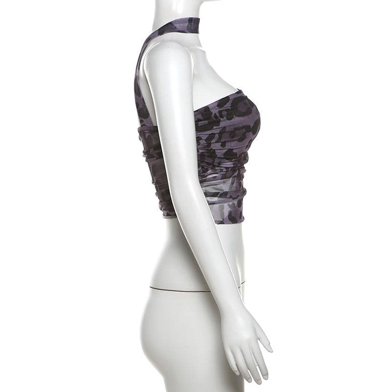 Halter metal tag leopard print sheer mesh top