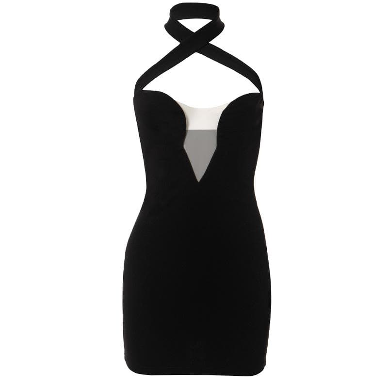Halter cross front v neck solid backless mini dress  | black rave dress