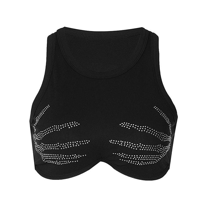 Palm pattern beaded ribbed sleeveless round neck crop top
