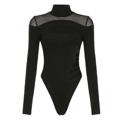 High neck long sleeve mesh hollow out bodysuit