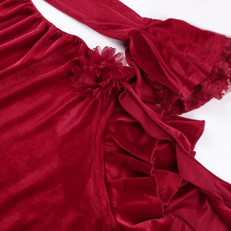 Long flared sleeve velvet ruffle slit midi dress