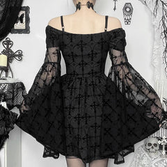 Long flared sleeve off shoulder cross applique mini dress  | black rave dress
