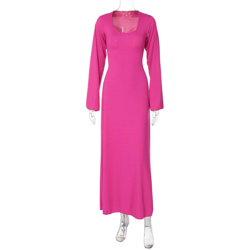 Long sleeve u neck ribbed solid maxi dress  | red tango dress