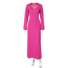 Long sleeve u neck ribbed solid maxi dress  | red tango dress