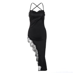 Hem lace slit satin cross open back dress  | black rave dress  | black rave dress