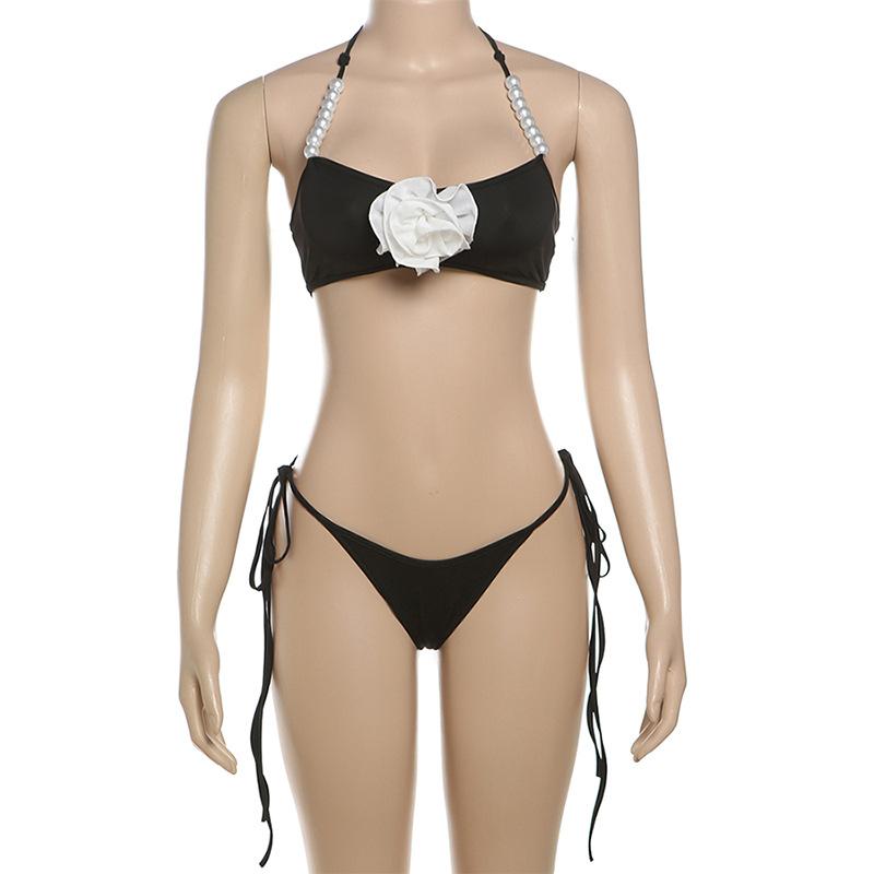 Halter flower applique faux pearl beaded pant set