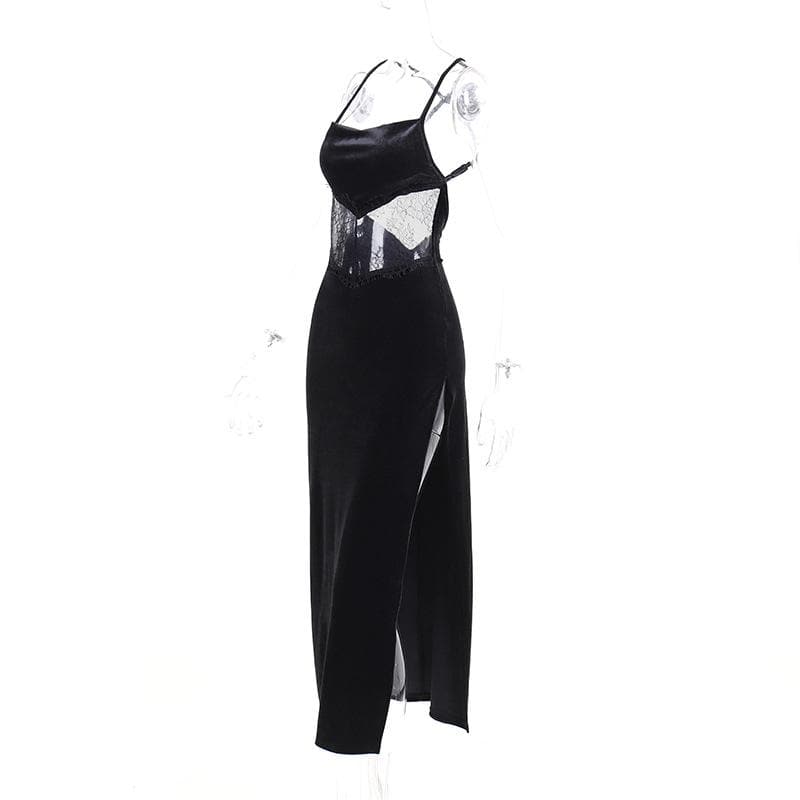 Cowl neck lace hem slit backless velvet cross back midi dress  | black rave dress  | black rave dress