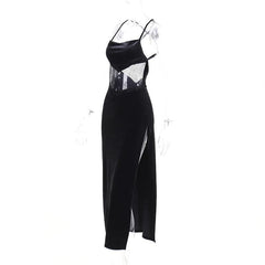 Cowl neck lace hem slit backless velvet cross back midi dress  | black rave dress  | black rave dress