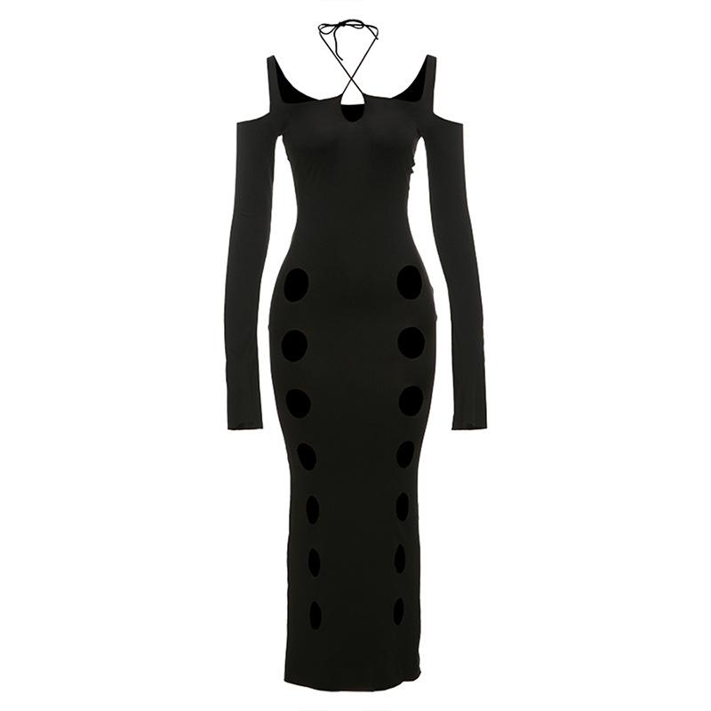 Hollow out long sleeve halter cross front self tie maxi dress  | black rave dress